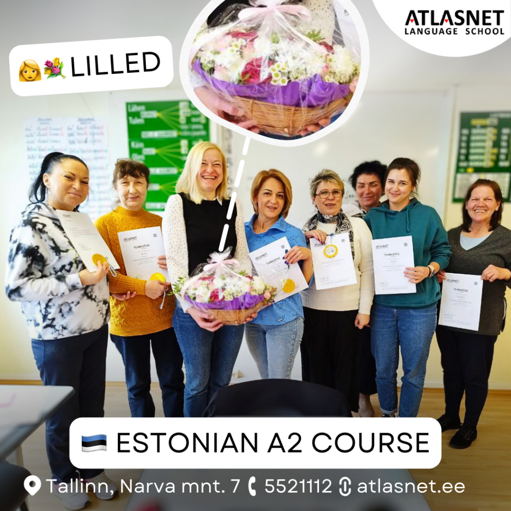 Группа учеников в языковой школе на выпускном курса эстонского языка на уровень A2 вручили учителю букет цветов в знак благодарности